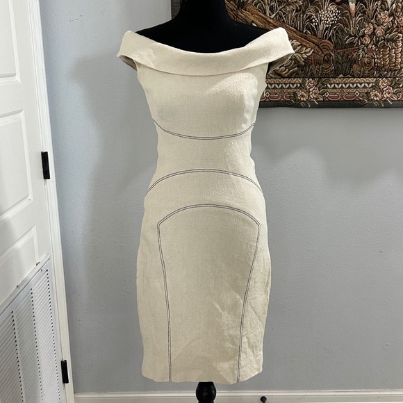 Elene Cassis Dress Size 4 Off Shoulder Beige Fitted Cocktail Party - Picture 1 of 12